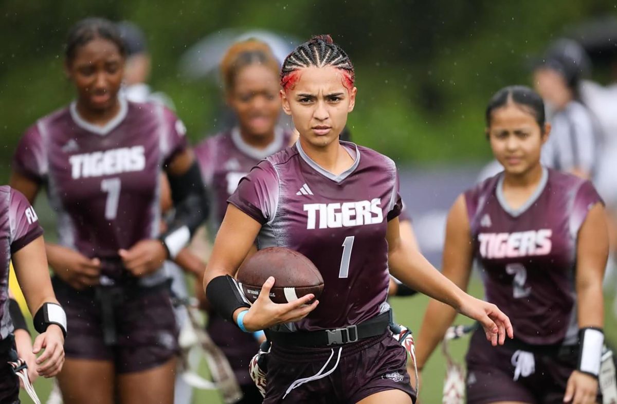 Itzaan Rojas was the first flag football signee at Campbellsville University. She’s pictured playing against Warner University. (CU Sports Information)