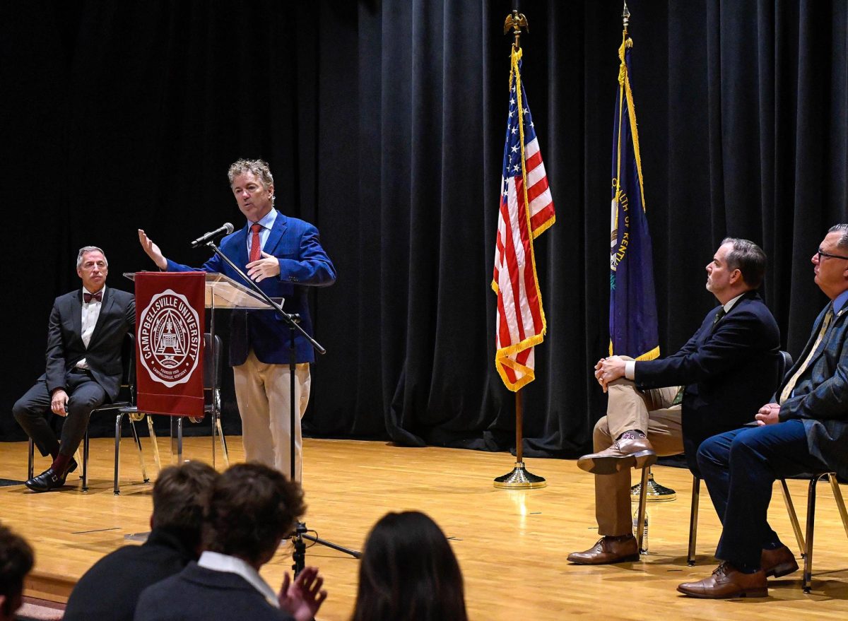 U.S. Senator Rand Paul visited Campbellsville University on Nov. 3 for a dialogue with students, faculty and the community. Pictured, from left, are CU President Dr. Joe Hopkins, Sen. Paul, State Senator Max Wise and State Representative Sarge Pollock.