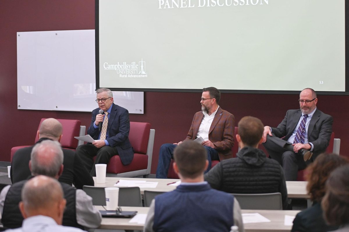 From left, Dr. John Chowning, senior advisor to the president of Campbellsville University; Ron McMahan, executive director of the Team Taylor County Economic Development Authority; and Brett Traver, executive director of Southeast Kentucky Economic Development, participate in a panel discussion during CU’s rural economic development workshop. Also participating in the panel discussion was Terri Bradshaw, president of the Kentucky Association for Economic Development.