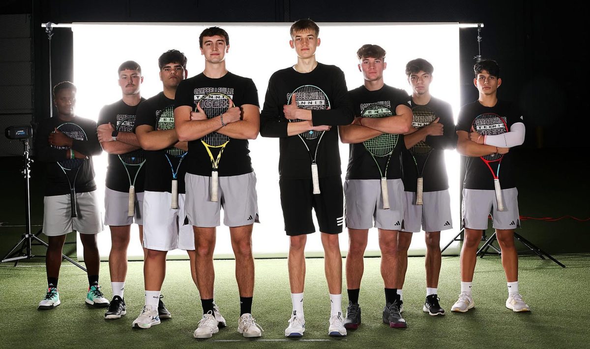 The Campbellsville men’s tennis team members are, from left, Derrick Namauga from Zimbabwe, Michael Harding from South Africa, Alvaro Agullo from Spain, Manuel Pinheiro from Portugal, Noah Grossmann from Austria, Nathan Boulard from France, Juan Ochoa from Argentina and Iñaki Toledo from Chile. (Photo courtesy of CU Sports Information)