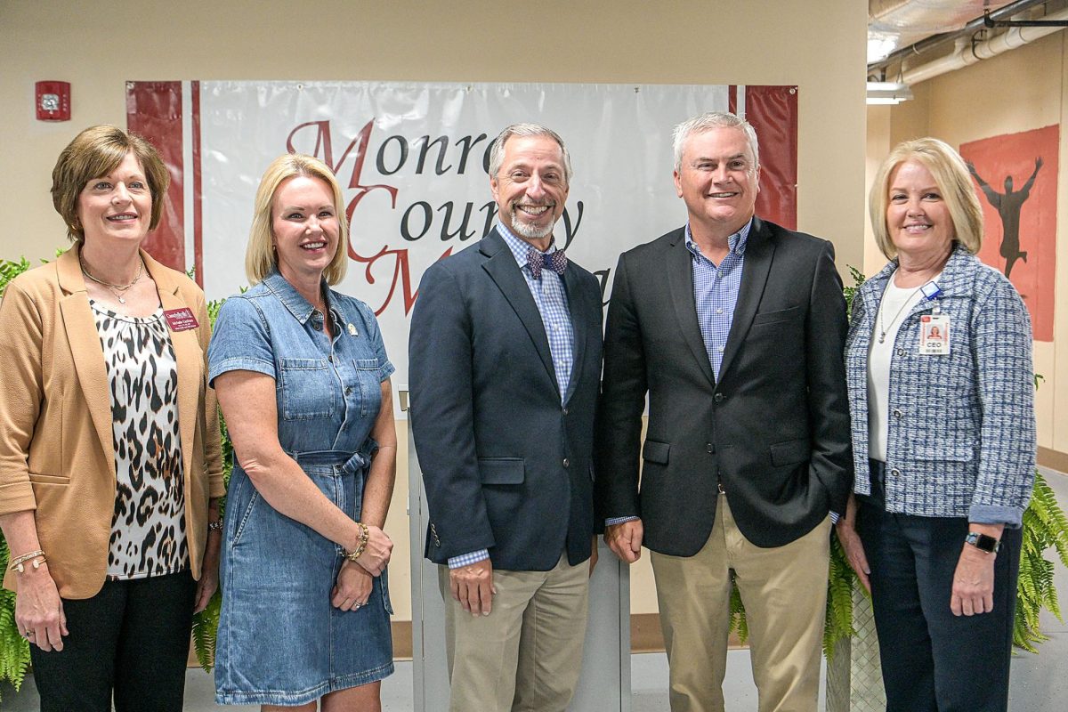 Participating in the partnership announcement between Campbellsville University and the Monroe County Medical Center include, from left, CU’s Director of Allied Health Dr. Michelle Eastham; State Rep. Amy Neighbors; CU President Dr. Joseph Hopkins; U.S. Rep. James Comer; and Monroe County Medical Center CEO Andrea McLerran.