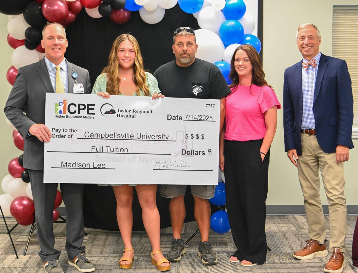 Participating in the scholarship presentation include, from left, Taylor Regional Hospital CEO Mike Everett, Madison Lee, Lee’s parents Richie and Cathy Lee, and CU President Dr. Joseph Hopkins.