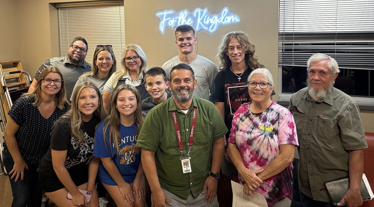 Dr. Fabio Moreira, assistant professor of pastoral ministries in the School of Theology, is leading a Bible study following the devotional by David Wilkerson, “The Prayer of Jabez,” which is found in 1 Chronicles 4:9-10. Pictured, front row from left, are Valeska Moreira, Ansley Hatter, Riley Cox, Jackson Barnes, Linda and Robert Young; back row from left, Dustin and Janet Barnes, Mandy Cox, Konner Forbes, Nathaniel Baker.