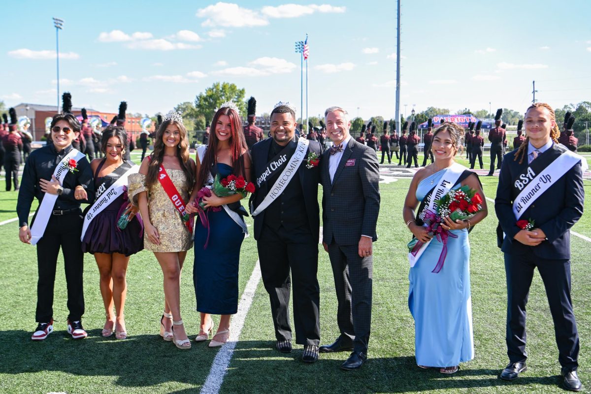 The 2025 Winners of the CU Homecoming Court are, from left, Clayton Lawson (2nd Runner-Up King); Maci Higdon (2nd Runner-Up Queen); MaKenna Meeks (2024 Homecoming Queen); Reagan Hash (2025 Homecoming Queen); Tomias Rushin (2025 Homecoming King); CU President Dr. Joseph Hopkins; Gabriella Perez (1st Runner-Up Queen); and David Young (1st Runner-Up King).