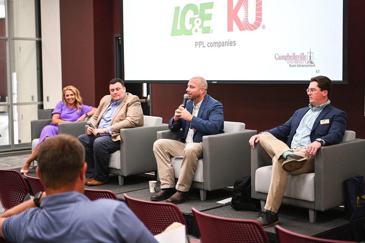 From left, Missy Vanderpool, executive director of Henderson Economic Development; Colby Kirk, president and CEO of One East Kentucky; Chris Girdler, president and CEO of the Somerset-Pulaski Economic Development Authority (SPEDA); and John Buchanan, community and economic development advisor for the Kentucky League of Cities, participate in a panel discussion on rural economic development. Terri Bradshaw, president of the Kentucky Association for Economic Development, led the panel discussion.