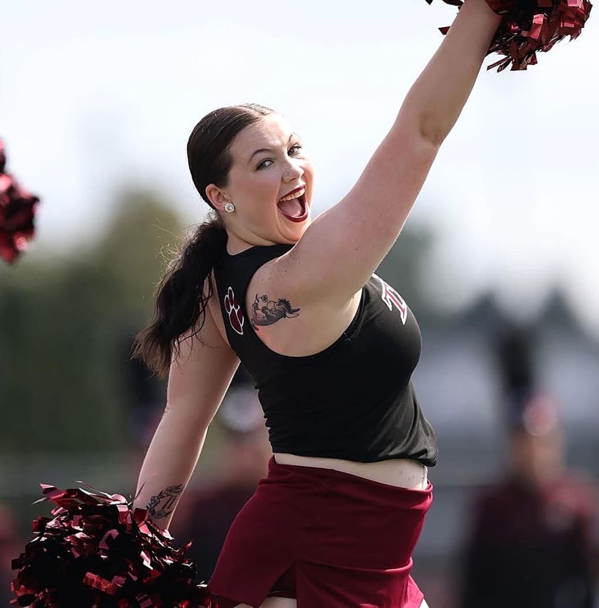 Tori Stone performs during halftime at a Campbellsville University football game. Before taking the field, Stone checks her blood sugar levels to ensure they remain stable throughout high-intensity routines. (Photo courtesy of the CU Sports Information Department)