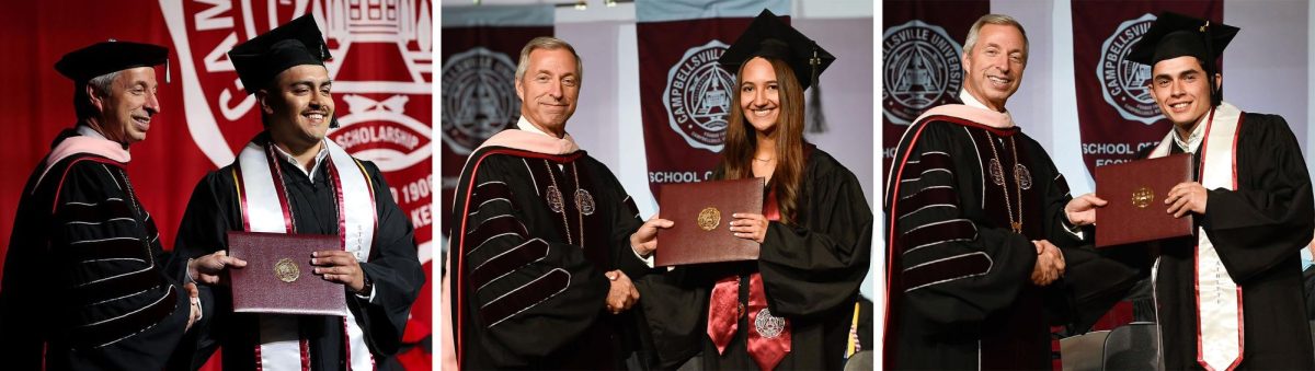 From left, Ian Lopez, Soledad Trigo and Melvin Monroy receive their diplomas from Campbellsville University President Dr. Joseph Hopkins during commencement ceremonies. All three graduates later pursued professional opportunities through Optional Practical Training, navigating the transition from college to the U.S. workforce as international students.