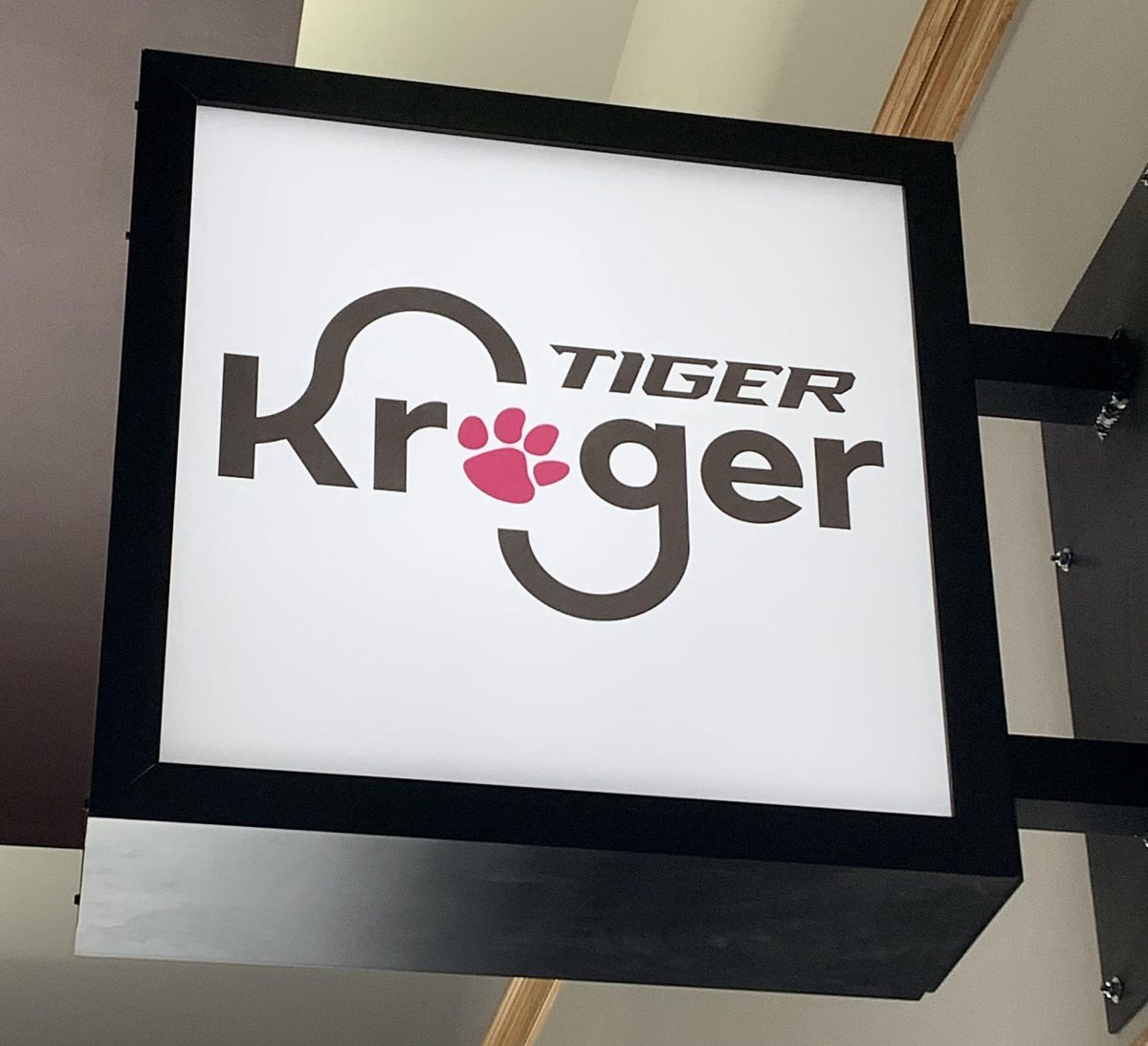 The Tiger Kroger sign is displayed inside the Davenport Common Area at Campbellsville University, where the store is located next to the bookstore and post office.