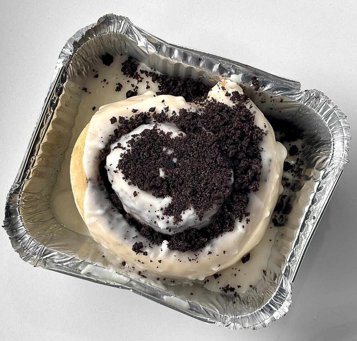 An Oreo cinnamon roll sits ready for customers at the Messy Bun in downtown Campbellsville. The bakery offers a variety of flavors, including pecan and pumpkin, as part of its signature menu.