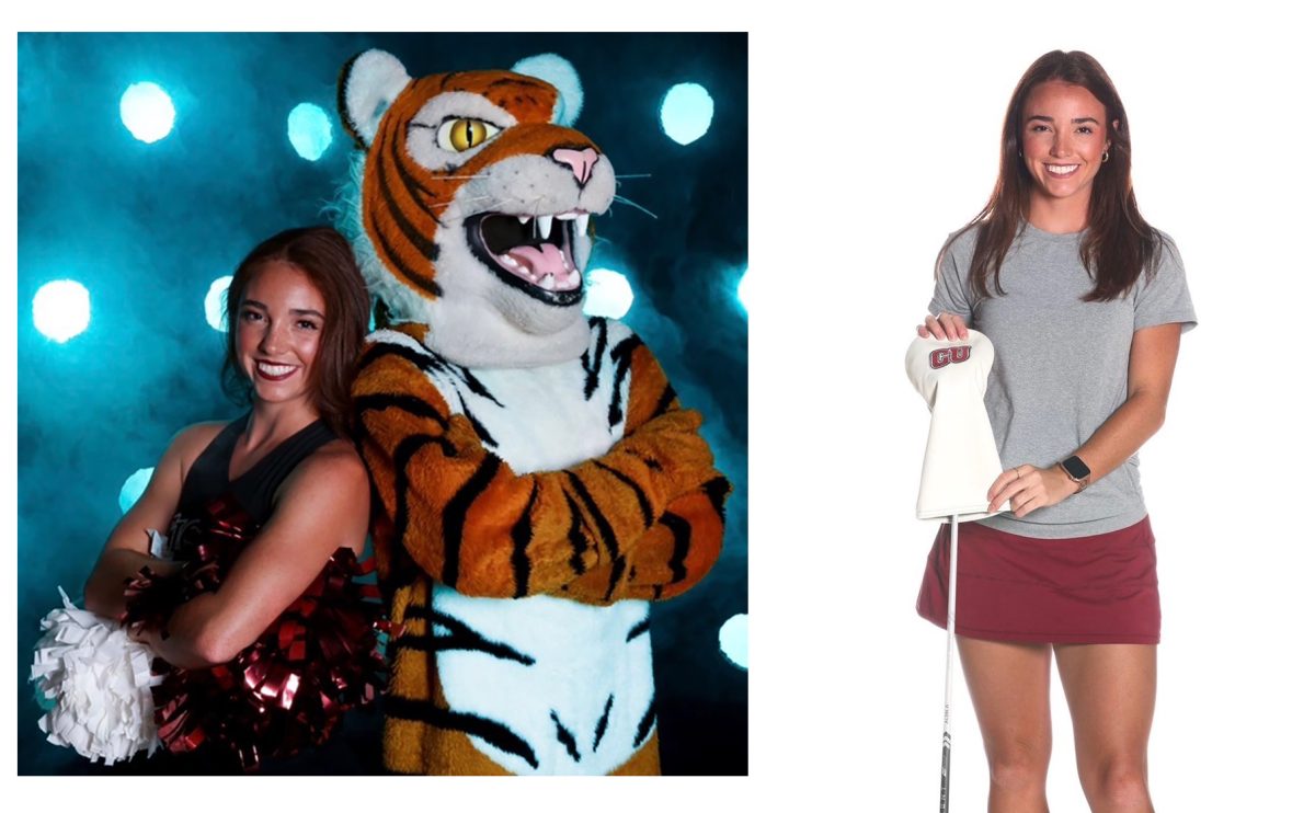 Campbellsville University senior Conleigh Wilson, a cheerleader and member of the CU golf team, poses with CU’s mascot Clawz and stands with her golf club during portrait sessions. Wilson has embraced competing across multiple sports rather than limiting herself to a single path. (Photos courtesy of CU Sports Information)