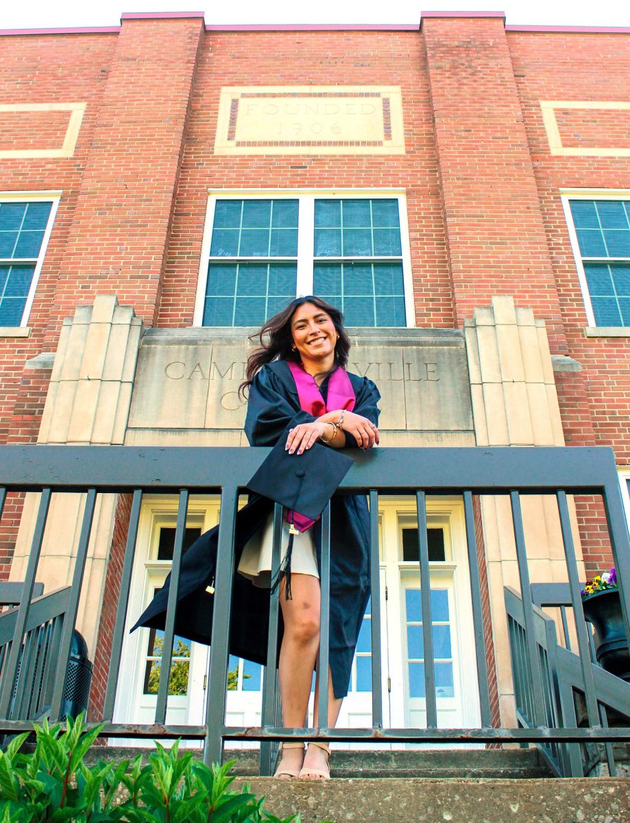 Maria Pia Bustamante poses for her graduation photos at Campbellsville University. After transferring from multiple universities, Bustamante completes her degree following a two-and-a-half-year journey marked by personal and spiritual growth. 